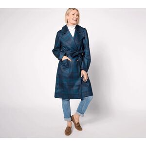 Thread Collective $159 Plaid Double Breasted Belted Trench Coat Navy blue L NWT